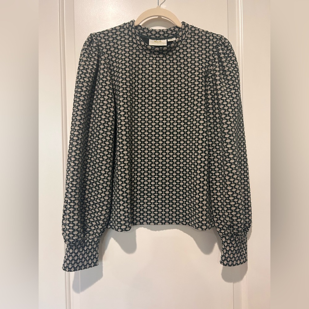 Anthropologie Hexagonal Forrest Green & Cream Patterned Full Sleeved Blouse